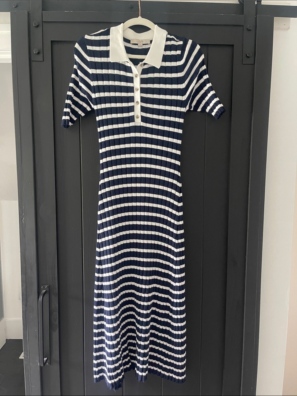 LOFT Navy & White Striped Polo Midi Dress
